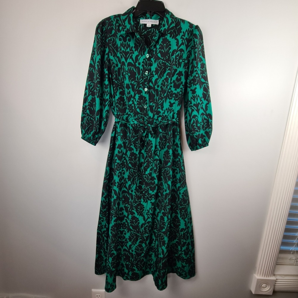 Emma & Michele Belted Dress Green Black Long Sleeve Small Career Midi Modest